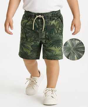 Babyhug Cotton Woven Above Knee Length Beach Theme Printed Shorts - Olive Green