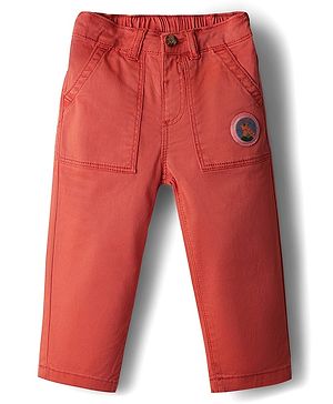 Babyhug Cotton Lycra Woven Full Length Solid Coloured Trouser With Stretch & Animal Patch - Coral