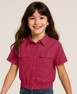 Pine Kids Poplin Woven Half Sleeves Solid Color Shirt Style Top - Dark Pink