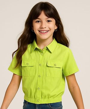 Pine Kids Poplin Woven Half Sleeves Top with Pockets - Limegreen