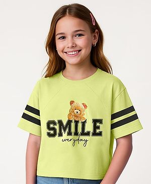 Pine Kids Cotton Knit Half Raglan Sleeves T-Shirt With Teddy Print & Tape Detailing - Limegreen