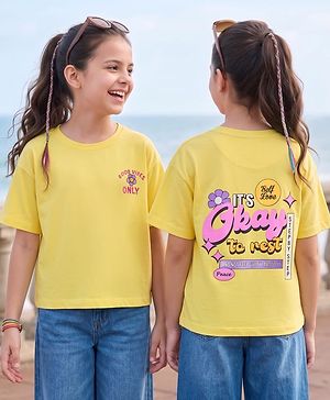 Pine Kids Cotton Knit Half Sleeves Drop Shoulder T-Shirt With Its Ok To Rest Print - Yellow