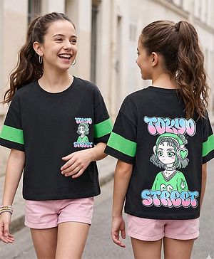 Pine Kids Cotton Knit Half Drop Shoulder Sleeves T-Shirt with Girl Front & Back Print - Black