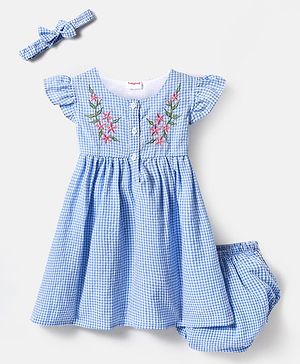 Babyhug Cotton Woven Frill Sleeves  Anti Bacterial Checkered Frock with Floral Embroidery Bloomer & Headband - Light Blue