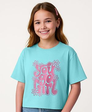 Pine Kids Cotton Knit Half Sleeves Drop Shoulder T-Shirt with You Go Girl Text Print - Light Blue