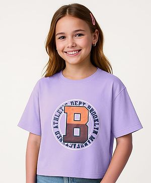 Pine Kids Cotton Knit Half Drop Shoulder Sleeves T-Shirt with Text Print - Lavender