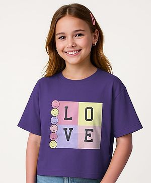 Pine Kids Cotton Knit Half Sleeves Drop Shoulder T-Shirt with Love Text Print - Purple