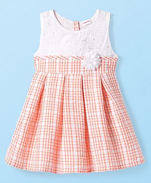 Babyhug Cotton Knit Sleeveless Checkered Frock with Floral Applique - Orange & White