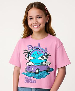 Pine Kids Cotton Knit Half Sleeves Drop Shoulder T-Shirt with Beach Theme Print - Pink