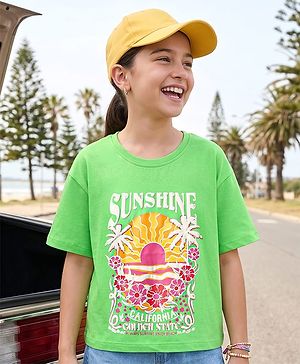 Pine Kids Cotton Knit Half Drop Shoulder Sleeves T-Shirt with Beach Theme Print - Light Green
