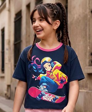 Pine Kids Cotton Knit Half Drop Shoulder Sleeves T-Shirt with Skating Print - Navy Blue
