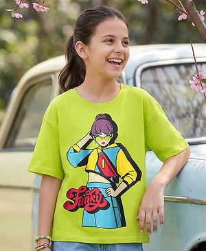 Pine Kids Cotton Knit Half Drop Shoulder Sleeves Oversized Printed T-Shirt - Light Green