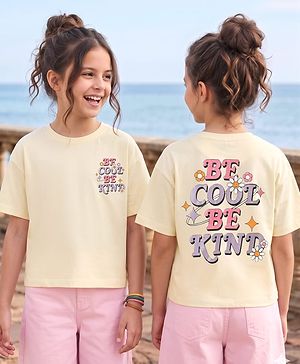 Pine Kids Cotton Knit Half Drop Shoulder Sleeves T-Shirt with Text Print - Cream