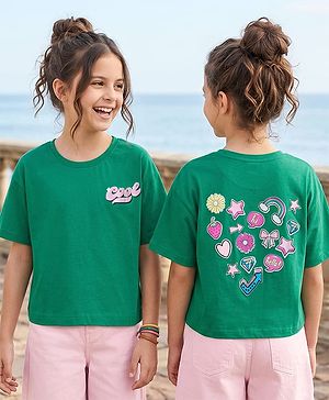 Pine Kids Cotton Knit Half Drop Shoulder Sleeves T-Shirt with Front & Back Text Print - Mint