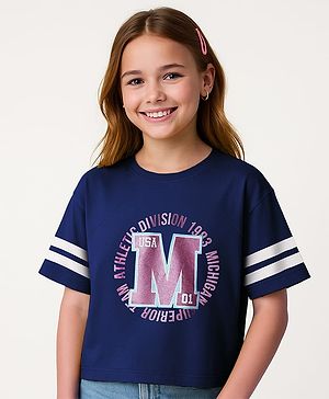 Pine Kids Cotton Knit Half Raglan Sleeves  T-Shirt with Athletic Division Text Print - Navy Blue