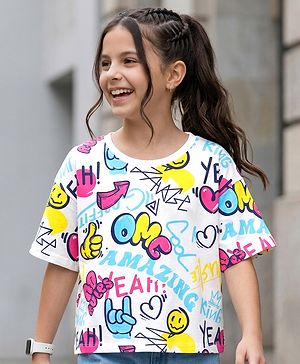 Pine Kids Cotton Knit Half Sleeves T-Shirt with Text Print - White
