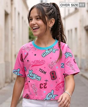 Pine Kids Cotton Knit Half Raglan Sleeves T-Shirt With Atheletic Text Print - Pink