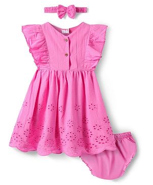 Babyhug Cotton Woven Frill Sleeves Frock with Bloomer Headband & Chiffili Detailing - Pink
