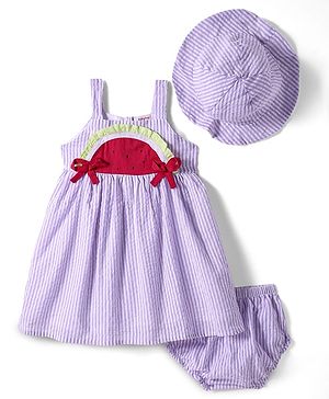 Babyhug Cotton Knit Sleeveless Striped Frock with Bloomer & Hat - Lilac