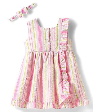 Babyhug Single Jersey Knit Sleeveless Striped Frock with Headband with Frill Detailing - Pink