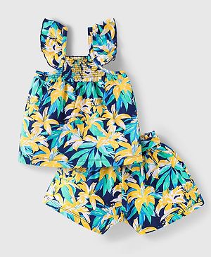 Babyhug Single Jersey Knit Frill Sleeves Co-ords Top & Shorts Set with Floral Print & Fabric Belt - Navy Blue