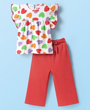 Babyhug Single Jersey Knit Frill Sleeves Top & Legging Set With Heart Print & Bow Applique - White & Red
