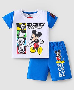 Babyhug Disney Single Jersey Knit Half Sleeves T-Shirt & Shorts Set With Mickey Mouse Graphics - White & Blue