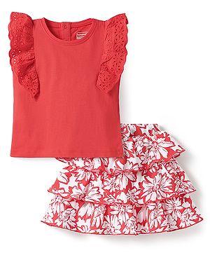 Babyhug Single Jersey Knit Frill Sleeves Top & Layered Skirt with Floral Print & Bow Applique - Red
