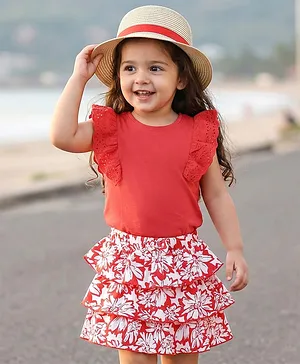 Babyhug Single Jersey Knit Frill
                              Sleeves Top & Layered Skirt with
                              Floral Print & Bow Applique - Red