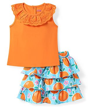 Babyhug Single Jersey Knit Sleeveless Top & Frill Skirts Set with Orange Print - Orange & Blue