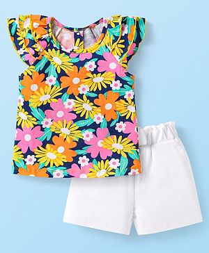 Babyhug Single Jersey Knit Frill Sleeves Top & Short Set With Floral Print - White Blue & Pink