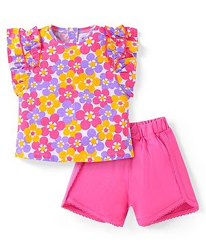 Babyhug Single Jersey Knit Frill Sleeves Top & Shorts Set With Floral Print & Bow Applique - White & Dark Pink