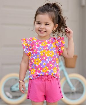 Babyhug Single Jersey Knit Frill Sleeves Top & Shorts Set With Floral Print & Bow Applique - White & Dark Pink