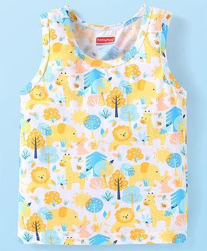 Babyhug 100% Cotton Knit Sleeveless Sando with Jungle Theme  Print - White Yellow & Blue