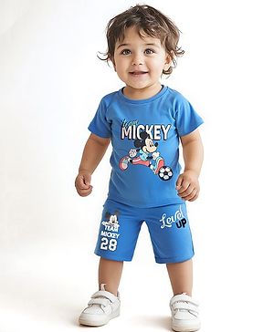Babyhug Disney Single Jersey Knit Half Sleeves T-Shirt & Shorts Set with Mickey Mouse Graphics - Blue