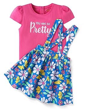 Babyhug Single Jersey Knit Half Sleeves Top & Skirt Set With Text & Floral Print - Dark Pink & Blue
