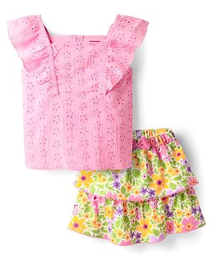Babyhug Single Jersey Knit Frill Sleeves Chifilli Top & Layered Skirt Set with Floral Print - Yellow & Pink