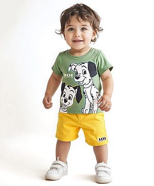 Babyhug Disney Single Jersey Knit Half Sleeves T-Shirt & Shorts Set with 101 Dalmatian Graphics - Olive Green & Yellow