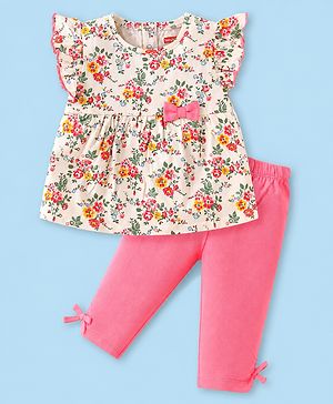 Babyhug 100% Cotton Single Jersey Knit Frill Sleeves Floral Printed Top & Capri Set with Bow Applique - Pink