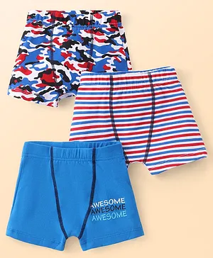Bodycare Cotton Knit Trunks With
                              Stripes & Camouflage Print Pack of 3 -
                              Blue White & Red