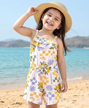 Babyhug 100% Cotton Knit Sleeveless Jumpsuit with Tropical Theme Print - White