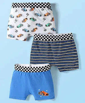 Bodycare Cotton Knit Boxers With
                              Stripes & Vehicle Print Pack Of 3 -
                              White Black & Blue