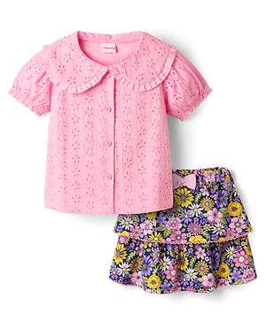 Babyhug Single Jersey Knit Half Puffed Sleeves Chifilli Top & Layered Skirt Set with Floral Print - Navy Blue & Pink