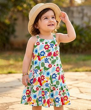 Babyhug Single Jersey Knit Sleeveless Frock With Floral & Leaf Print - White