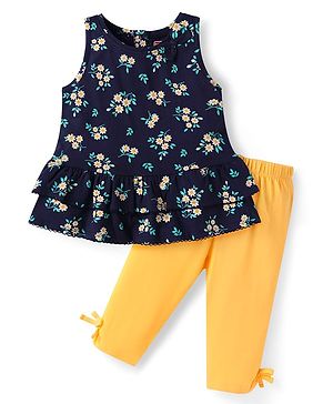 Babyhug Single Jersey Knit Sleeveless Top & Legging Set With Floral Print & Bow Applique - Navy Blue & Yellow