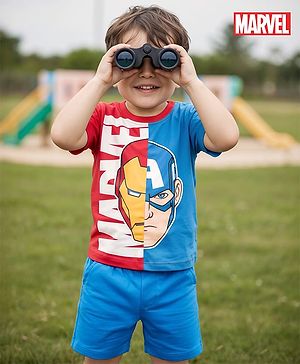 Babyhug Marvel Single Jersey Knit Half Sleeves T-Shirt & Shorts Set With Avengers Graphics - Red & Blue