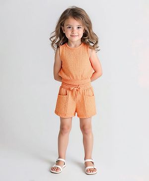 Bonfino Woven Sleeveless Textured Co-Ords Top & Shorts Set - Orange