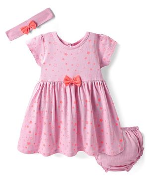 Babyhug Single Jersey Knit Half Sleeves Stars Printed Frock with Bloomer Headband & Bow Applique - Pink