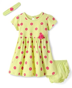 Babyhug Single Jersey Knit Half Sleeves Polka Dot Printed Frock With Floral Applique Bloomer & Headband - Yellow