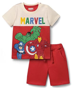 Babyhug Marvel Single Jersey Knit Half Sleeve Cut & Sew T-Shirt & Short Set With Avengers Graphic - Red & Offwhite